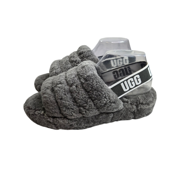 Ugg Fluff Yeah gray shearling ankle strap open toe slides - Picture 1 of 11